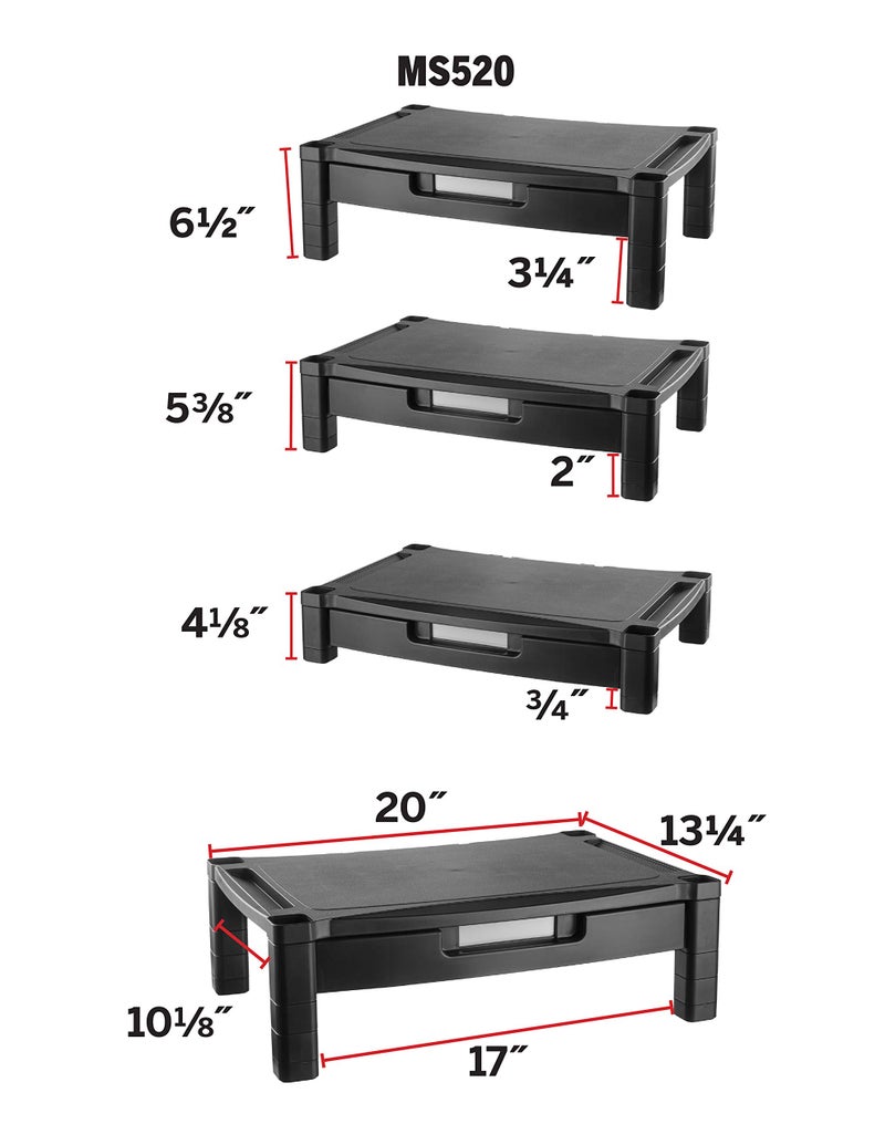 Kantek Wide Deluxe Two-Level Monitor Stand With Drawer, 20" X 13.25" X 3" To 6.5", Black, Supports 50 Lbs - Image 2